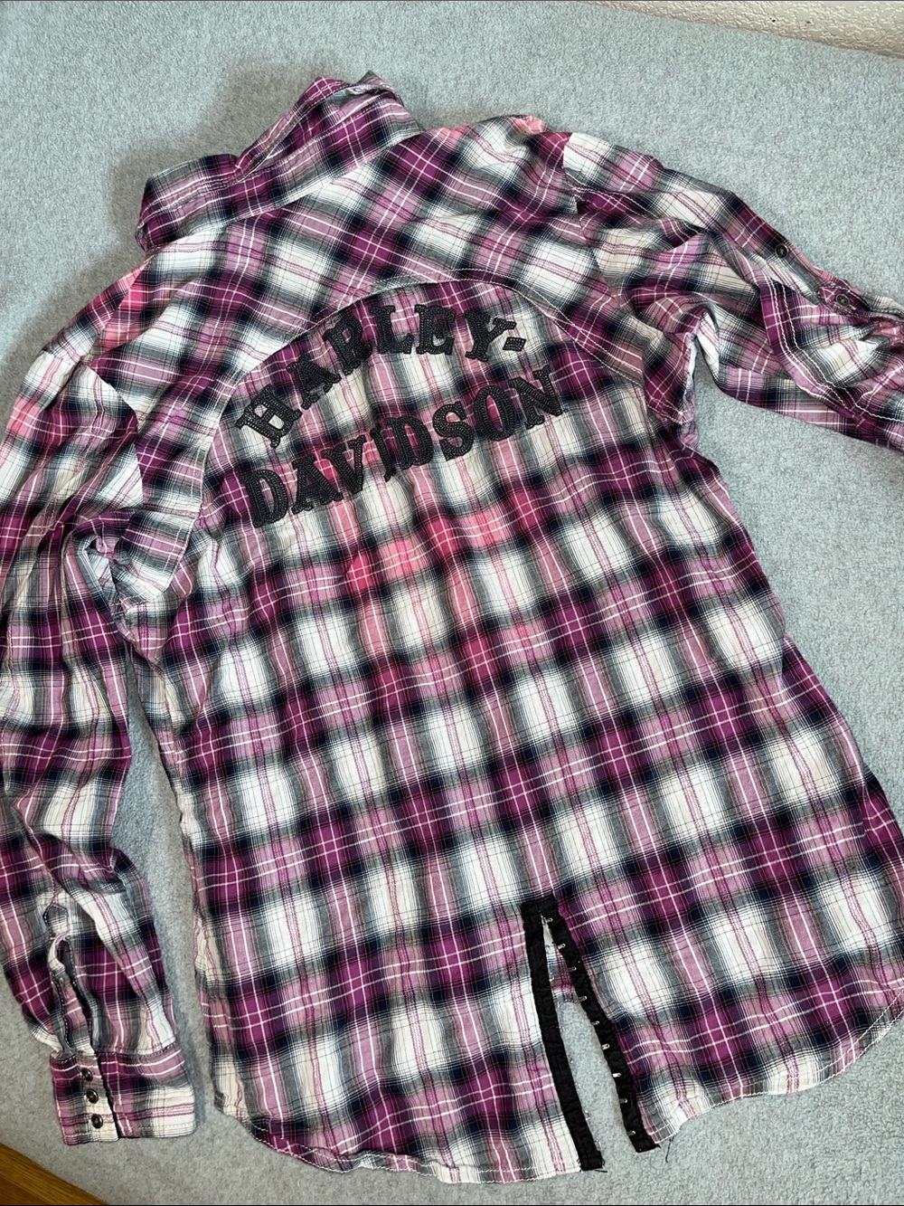 Harley Davidson Embroidered Plaid Button-Down Shirt Large Indie Biker Grunge
